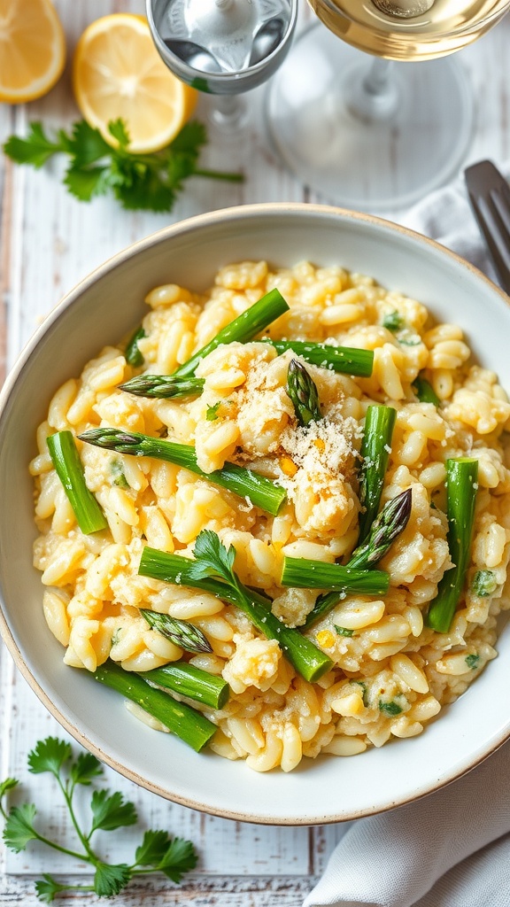 A serving of creamy asparagus and lemon risotto with parsley, Parmesan, and lemon zest on a rustic table.